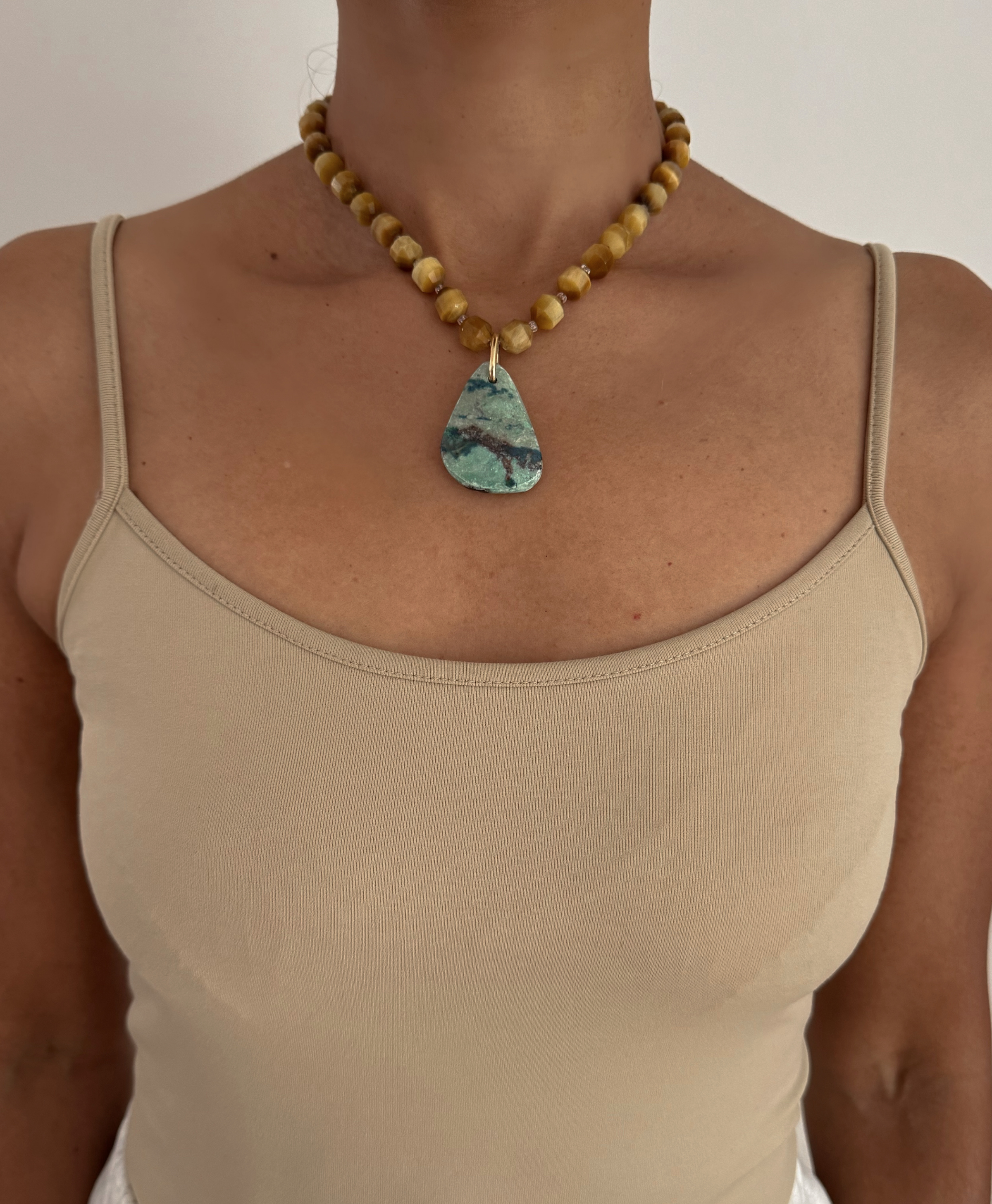 Mozzo Golden Tiger Eye Turquoise Pendant Necklace