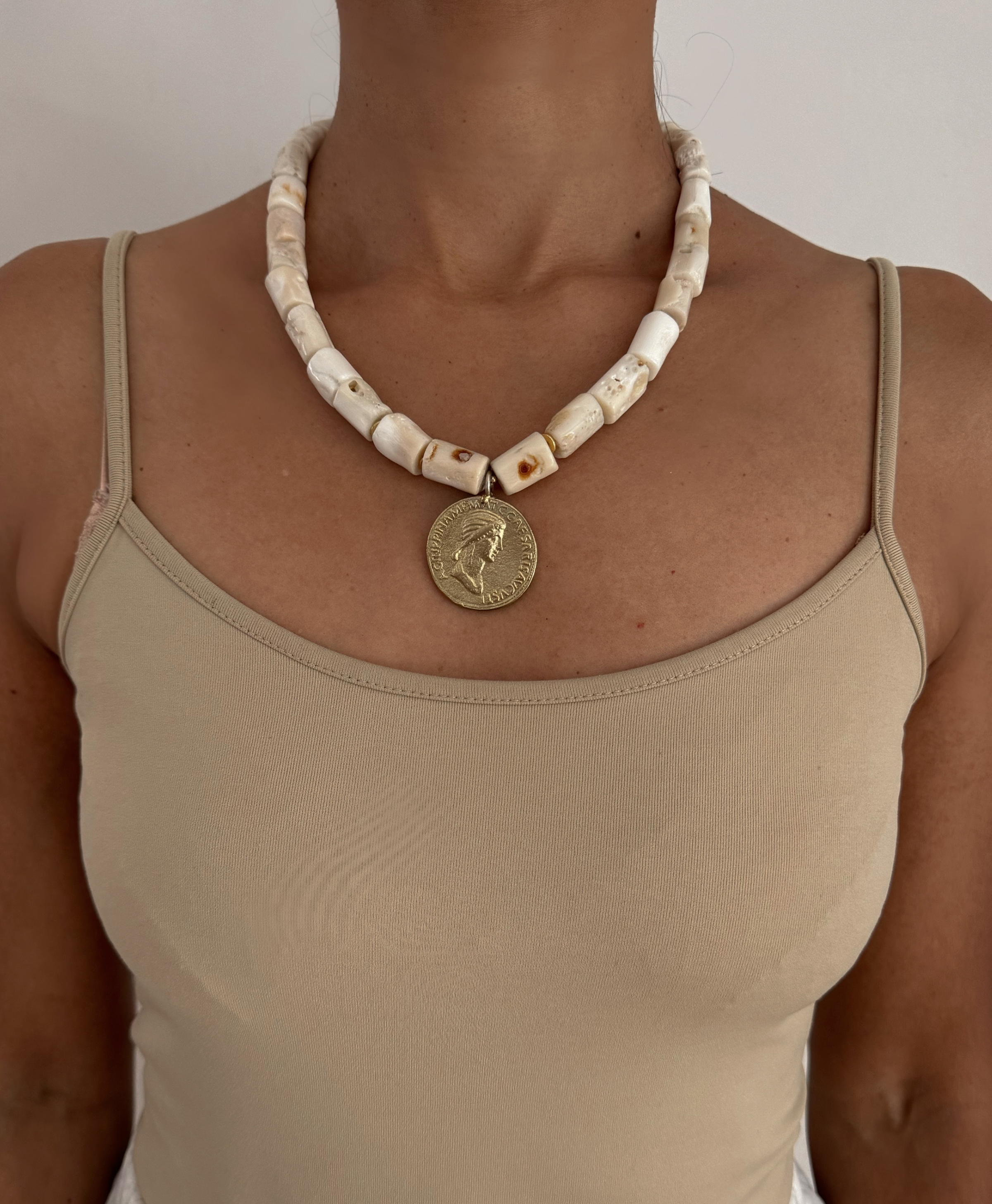 Huexxo Kenyan Bone Gold Filled Coin Pendant Necklace