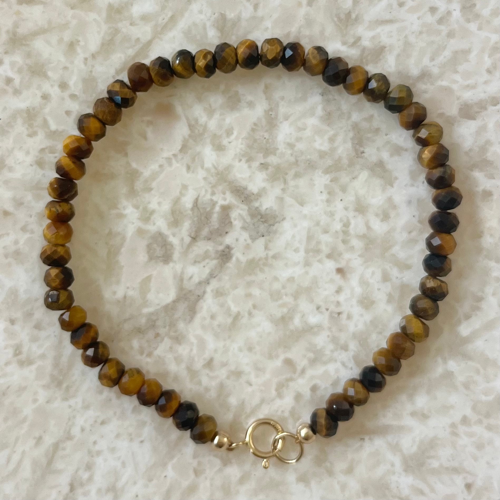 14K gold filled bracelet featuring top tiger eye rondelle with pearls