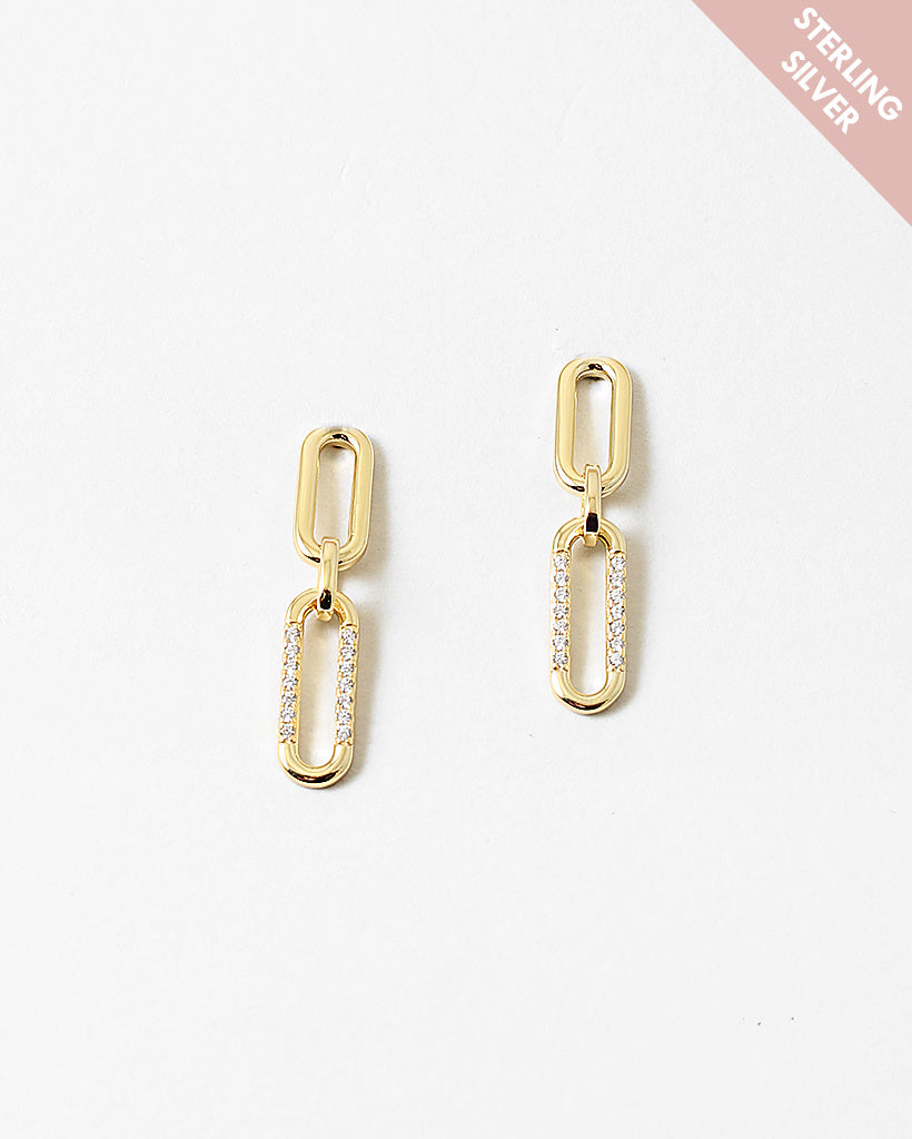 Double Link CZ Gold Plated Sterling Silver Earrings